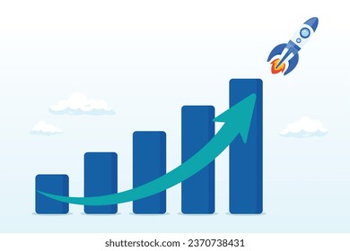 Gráfico de informes financieros con flecha exponencial de cohetes voladores, crecimiento exponencial o interés compuesto, inversión, riqueza o ingresos crecientes, ventas de negocios o aumento de beneficios (Vector)