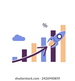 financial report graph with exponential arrow from flying rocket, investment, wealth or earning rising up graph