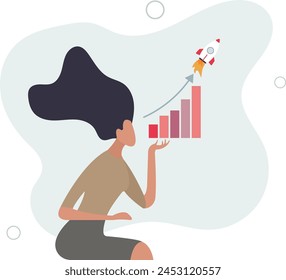 financial report graph with exponential arrow from flying rocket.flat vector illustration.