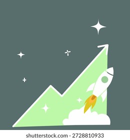 Gráfico de informe financiero con flecha exponencial de cohete volador.