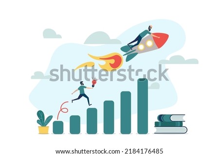 Financial report graph with exponential arrow from flying rocket. Exponential growth or compound interest, investment, wealth or earning rising up graph, business sales or profit increase concept.