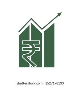 Financial report, graph, increase, sales chart, statistics, stats, stock market icon with Indian rupee sign.