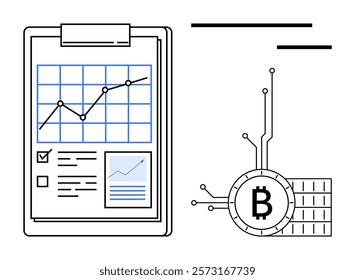 A financial report with a growing chart and checklists alongside a Bitcoin symbol connected to a digital circuit. Ideal for finance, cryptocurrencies, data analysis, investment, technology. Simple