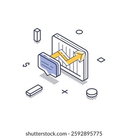 Financial report with a growth trend line, outlined elements, and symbols representing data analysis, conveying financial information and analytics. Modern isometric line art vector illustration