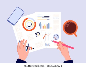 Financial report. Hands writing charts, banking diagrams or research results. Calculation of investments, person engaged in accounting top view vector illustration