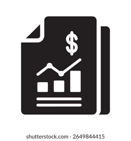 Financial report icon with a business document showing a bar chart graph and dollar symbol for an accounting invoice or audit statement vector solid glyph icon