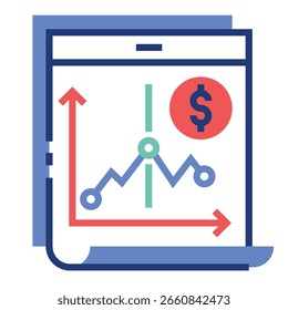 Icono de informe financiero con gráfico, signo de dólar y marco azul Il