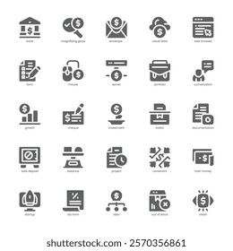 Financial Report icon pack for your website, mobile, presentation, and logo design. Financial Report icon glyph design. Vector graphics illustration and editable stroke.