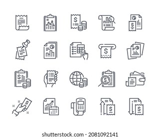Financial Report icon set. Minimalistic stickers with receipts, tax forms and accounting. Income and expenses. Budget of family or company. Cartoon flat vector collection isolated on white background