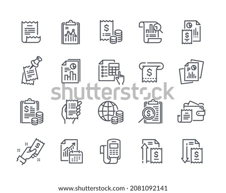 Financial Report icon set. Minimalistic stickers with receipts, tax forms and accounting. Income and expenses. Budget of family or company. Cartoon flat vector collection isolated on white background