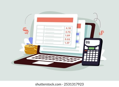 Conjunto de ilustrações do relatório financeiro. Caracteres analisando gráficos, balanço patrimonial, demonstrativo de resultados e outros dados comerciais. Conceito de gestão financeira. Ilustração vetorial.