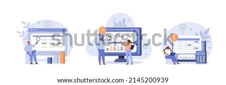 Financial report illustration set. Characters analyzing charts, balance sheet, income statement and other business data. Financial management concept. Vector illustration.