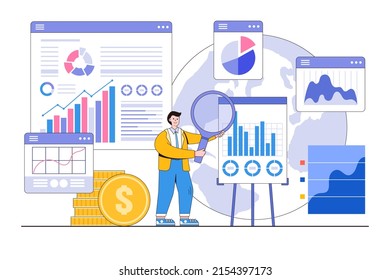 Finanzbericht, Anlagedaten, Verkaufsinformationen, Geschäftsanalyse, Berechnung, Studie für Marktausweitungskonzepte Illustrationen. Geschäftsmann analysiert Diagramme und Grafiken mit einer Lupe.