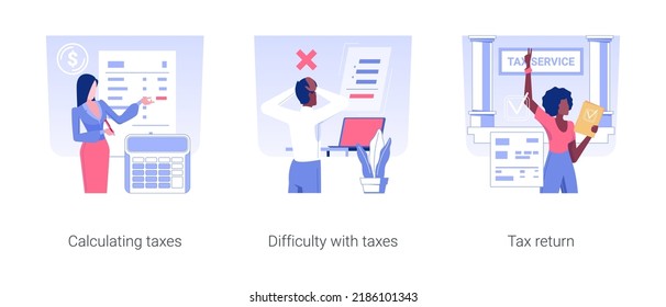 Financial report isolated concept vector illustration set. Calculating taxes, difficulty with corporate accounting, tax return, deduction paper, banking data, accountant manager vector cartoon.