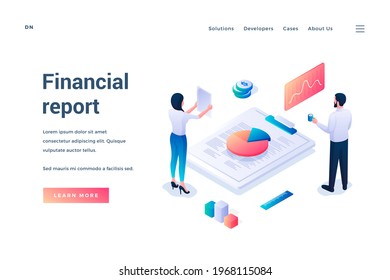 Financial Report. Isometric Web Banner. Male And Female Characters Standing In Front Of Huge Tablet With Documents And Working With Diagrams And Graphs. Landing Page Template. Vector Illustration