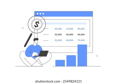 Relatório financeiro, gestão.  Gráficos de análise de caracteres, balanço patrimonial, demonstrativo de resultados e outros dados comerciais. Ilustração plana de vetor de desenhos animados, ícone. Abstrato estiloso