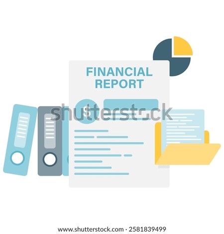 financial report, financial report with multiple folder elements and pie chart