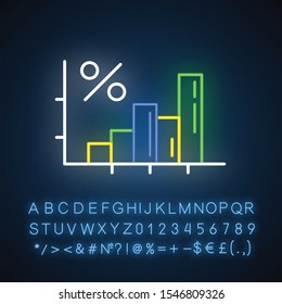 Financial report neon light icon. Increasing interest rate diagram. Consumer lines of credit. Finances infographic. Glowing sign with alphabet, numbers and symbols. Vector isolated illustration