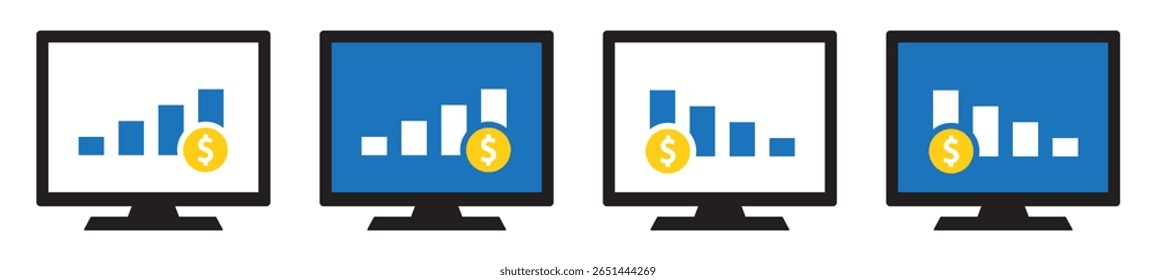 Relatório financeiro no ícone do monitor do computador. Relatório de gráfico no ícone do monitor, ilustração de vetor