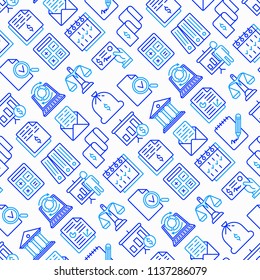 Financial report seamless pattern with thin line icons set: bank, financial analytics, calculate, signature, email, presentation, bank check, audit, calendar. Modern vector illustration.