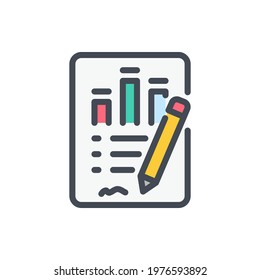 Financial report with statistics and pencil color line icon. Financial statement signing vector outline colorful sign.