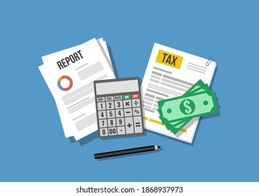 financial report and tax application form, flat vector illustration