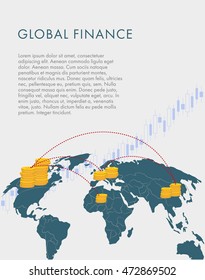 Financial report template with world map. Cash flows for the world