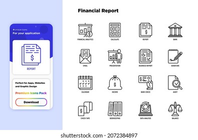 Financial report thin line icons set: bank, financial analytics, calculate, signature, email, presentation, bank check, audit, calendar, income, balance, check tape, bookkeeping. Vector illustration.