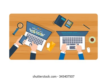 Financial report. Top view of a team working together on a project with documents and laptop. Concepts for business analysis, teamwork, project management. The strategy of a successful business. 