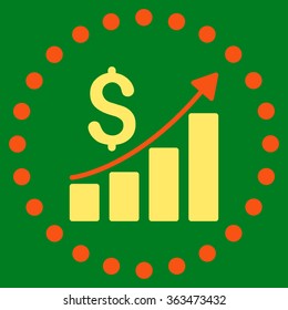 Financial Report vector icon. Style is bicolor flat circled symbol, orange and yellow colors, rounded angles, green background.