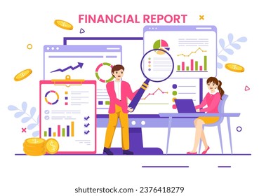 Financial Report Vector Illustration with Data Charts, Graphs and Diagrams on Finance Transaction, Analysis and Statistic Online in Flat Background