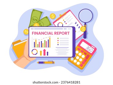 Financial Report Vector Illustration with Data Charts, Graphs and Diagrams on Finance Transaction, Analysis and Statistic Online in Flat Background