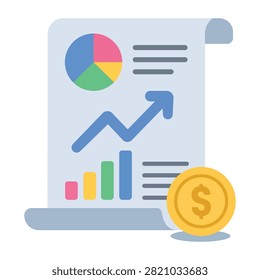 Financial report vector illustration featuring business charts growth graph analytics and coin icon isolated on white background for accounting presentations investment planning and corporate performance analysis.