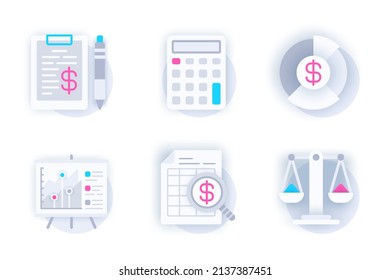 Financial report web concept of 3d paper icons set. Pack flat pictograms of calculation, study of financial statistics, strategy planning, budget, balance. Vector elements for mobile app and website