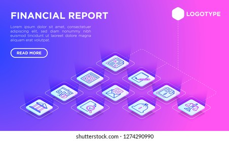 Financial report web page template with thin line isometric icons: bank, financial analytics, calculate, signature, email, presentation, audit, income, balance, bookkeeping. Vector illustration.