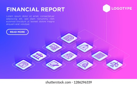 Financial report web page template with thin line isometric icons: bank, financial analytics, calculate, signature, email, presentation, audit, income, balance, bookkeeping. Vector illustration.