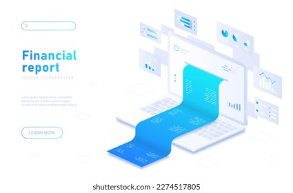 Financial report white concept. Laptop with check on screen. Online electronic commerce and payments. Bill, debt and mortgage. Receipt of statistics data. Cartoon isometric vector illustration