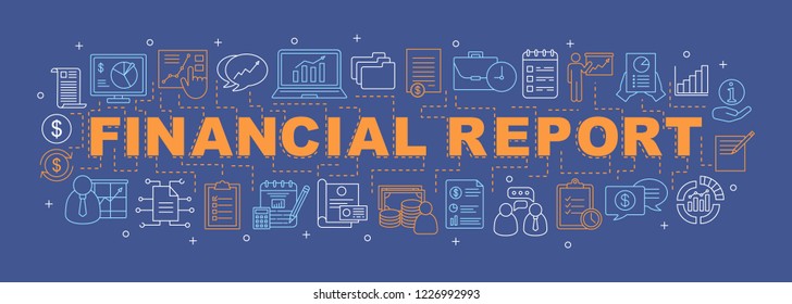 Financial report word concepts banner. Budget planning. Financing and funding. Stock market analyzing. Presentation. Isolated lettering typography idea with linear icons. Vector outline illustration