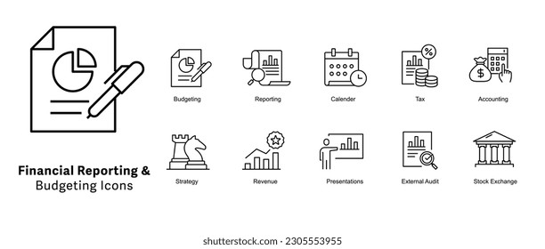 Financial Reporting and Budgeting Icons Set. financial communication, financial disclosure, financial statements. Pixel perfect Vector Line icons with editable Stroke.