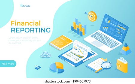 Financial reporting, business statement, analysis of results. Documents with charts graphs, annual report, laptop, magnifying glass, money. Isometric vector illustration for website.