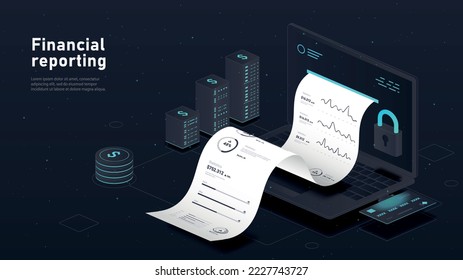 Financial reporting concept. Budgeting and calculation of expenses and income. Online shopping. Modern technologies and digital world. Futuristic poster or banner. Isometric neon vector illustration