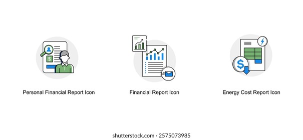 Financial Reporting and Cost Analysis. Personal Financial Report Icon, Financial Report Icon, Energy Cost Report Icon