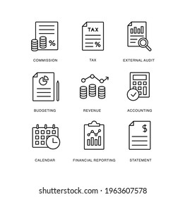 Financial reporting, fiscal year, business simple thin line icon set vector illustration. Budgeting, statement, revenue, calendar, accounting,external audit, tax, commission.