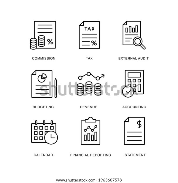 Financial
reporting, fiscal year, business simple thin line icon set vector
illustration. Budgeting, statement, revenue, calendar,
accounting,external audit, tax,
commission.