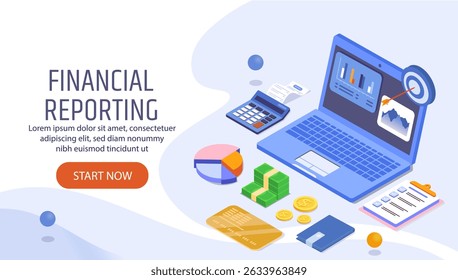 Financial reporting landing page. Laptop, calculator, stack of bills and diagram. Estimation of expenses and income, budgeting. Poster or banner for website. Isometric vector illustration
