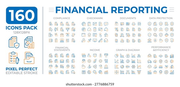 Financial reporting two color line icons set collection. Organization money control. Business management bicolor outline mega pack isolated, pixel perfect. Duotone thin lineart. Editable stroke