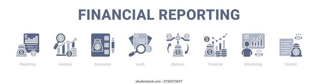 Concepto de Ilustración vectorial de ícono de Anuncio de Web de informes financieros , con ícono de informes, análisis, evaluación, auditoría, balance, financiero.