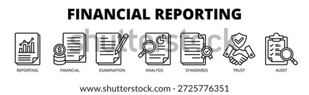 Financial reporting web banner icon vector illustration concept for financial transparency with icon of reporting, financial, examination, analysis, standards, trust, and audit.