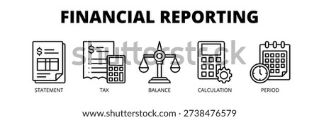 Financial Reporting web banner icon vector illustration concept for accounting compliance with icons of financial statements, taxation, balance sheet, calculation and reporting period.