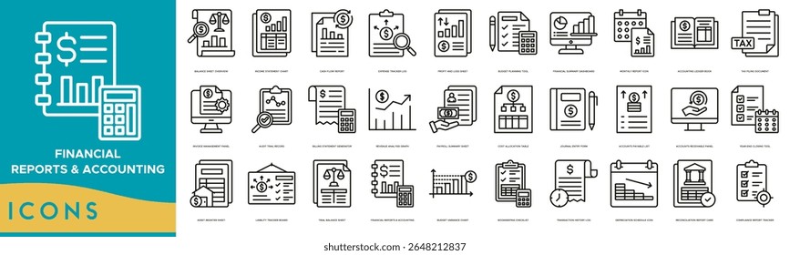 Financial Reports and Accounting icon set. Balance Sheet Overview, Income Statement Chart, Cash Flow Report, Expense Tracker Log, Profit and Loss Sheet and Budget Planning Tool